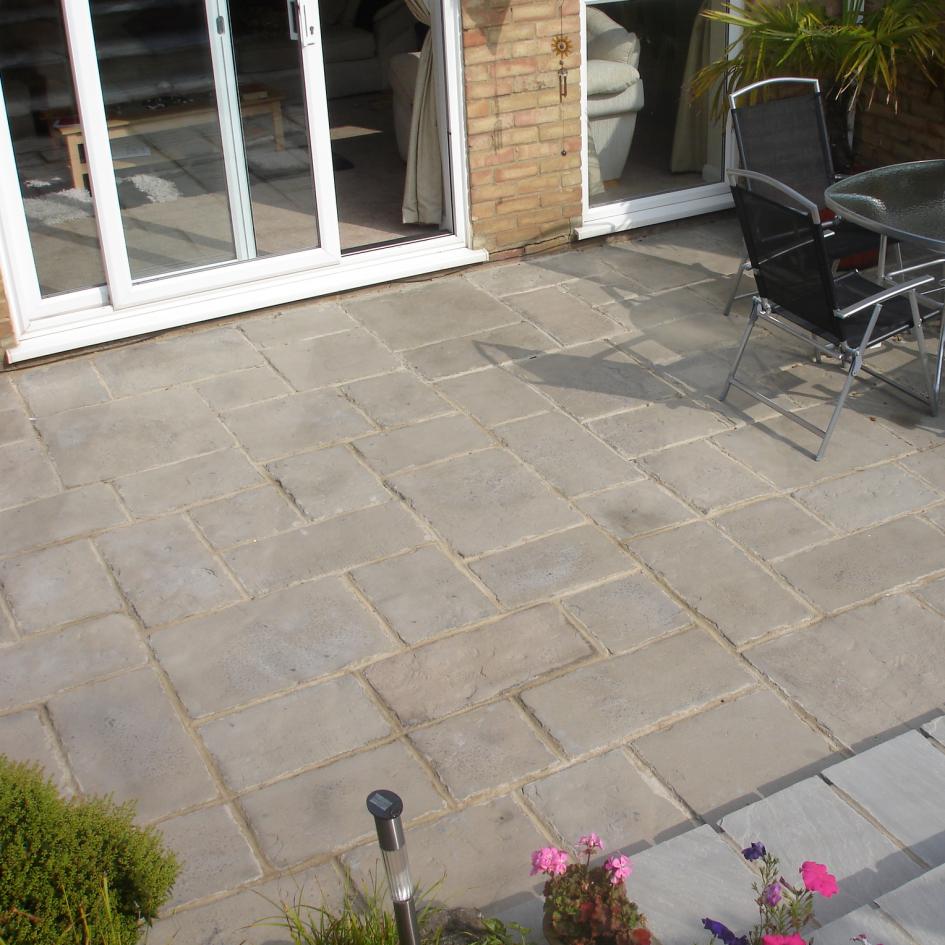 Here is a beautiful example of the Bradstone Old Town Grey-Green Patio Pack.